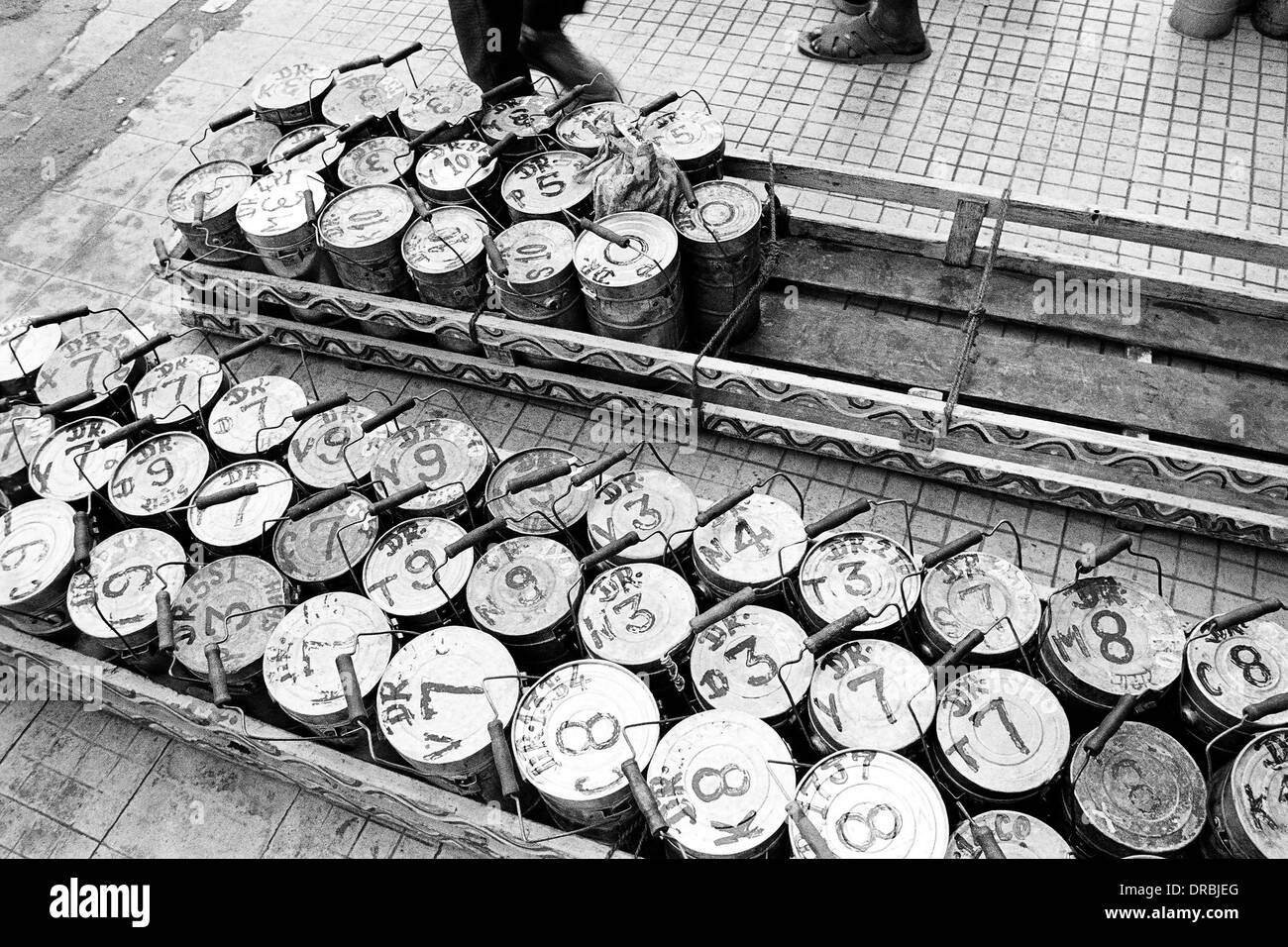 Dabbawalas tiffin boxes at Churchgate, Mumbai, Maharashtra, India, 1989 Stock Photo