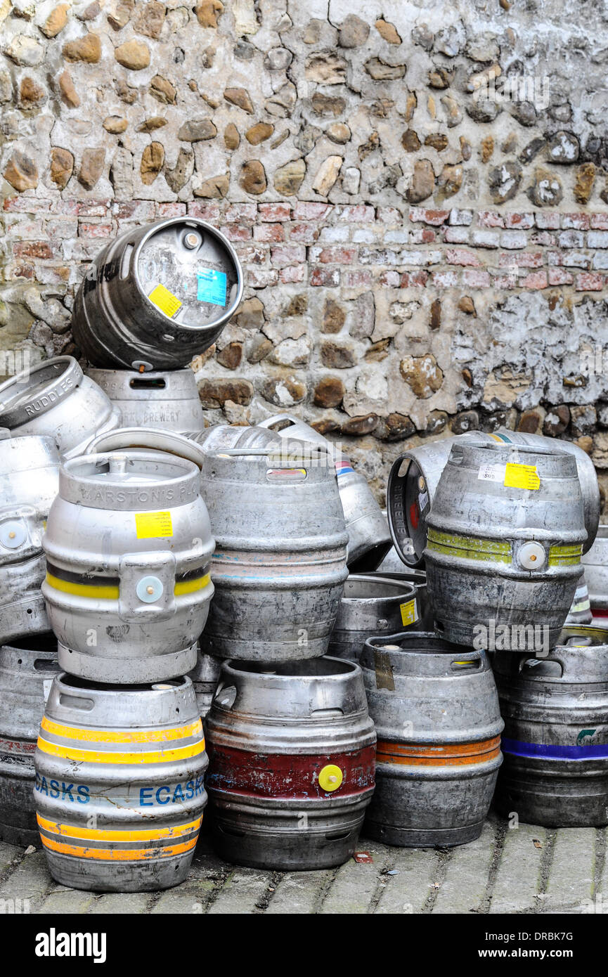 A stack of beer kegs in Ripon. Stock Photo