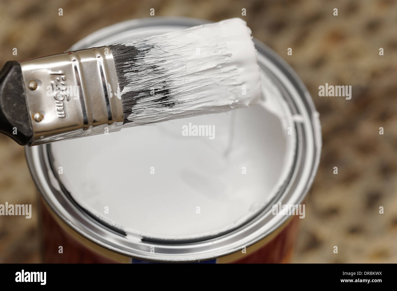 Paint brush with tin of white gloss paint Stock Photo