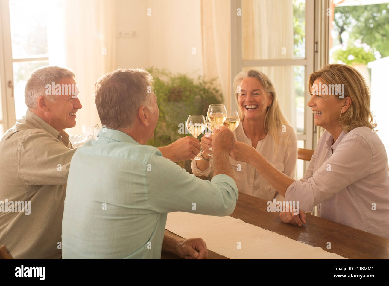 Senior couples toasting wine glasses at table Stock Photo