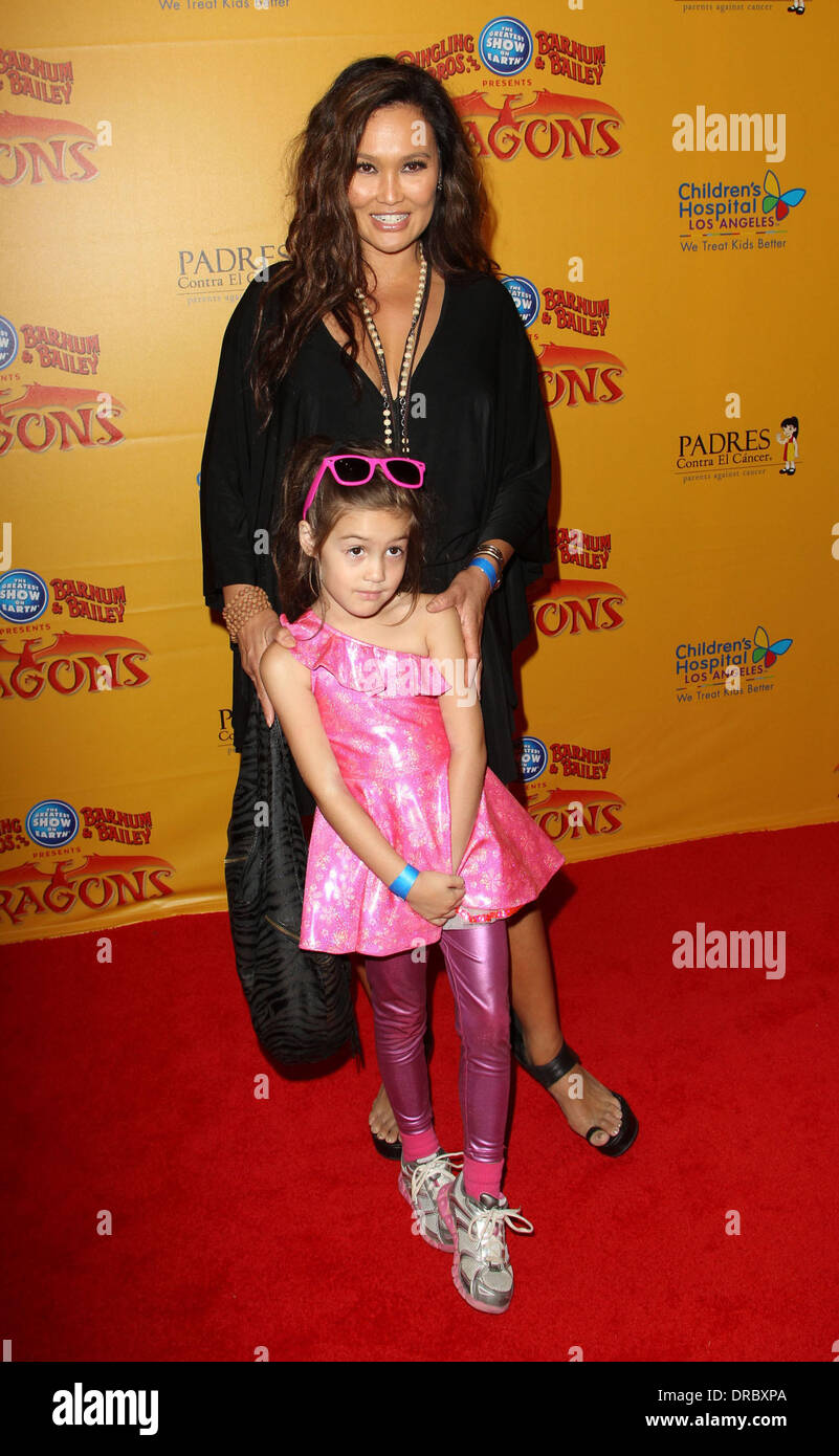 Tia Carrere and her daughter Bianca Wakelin-Carrere 'Dragons' presented by Ringling Bros. & Barnum & Bailey Circus at Staples Center - Arrivals  Los Angeles, California - 12.07.12 Stock Photo