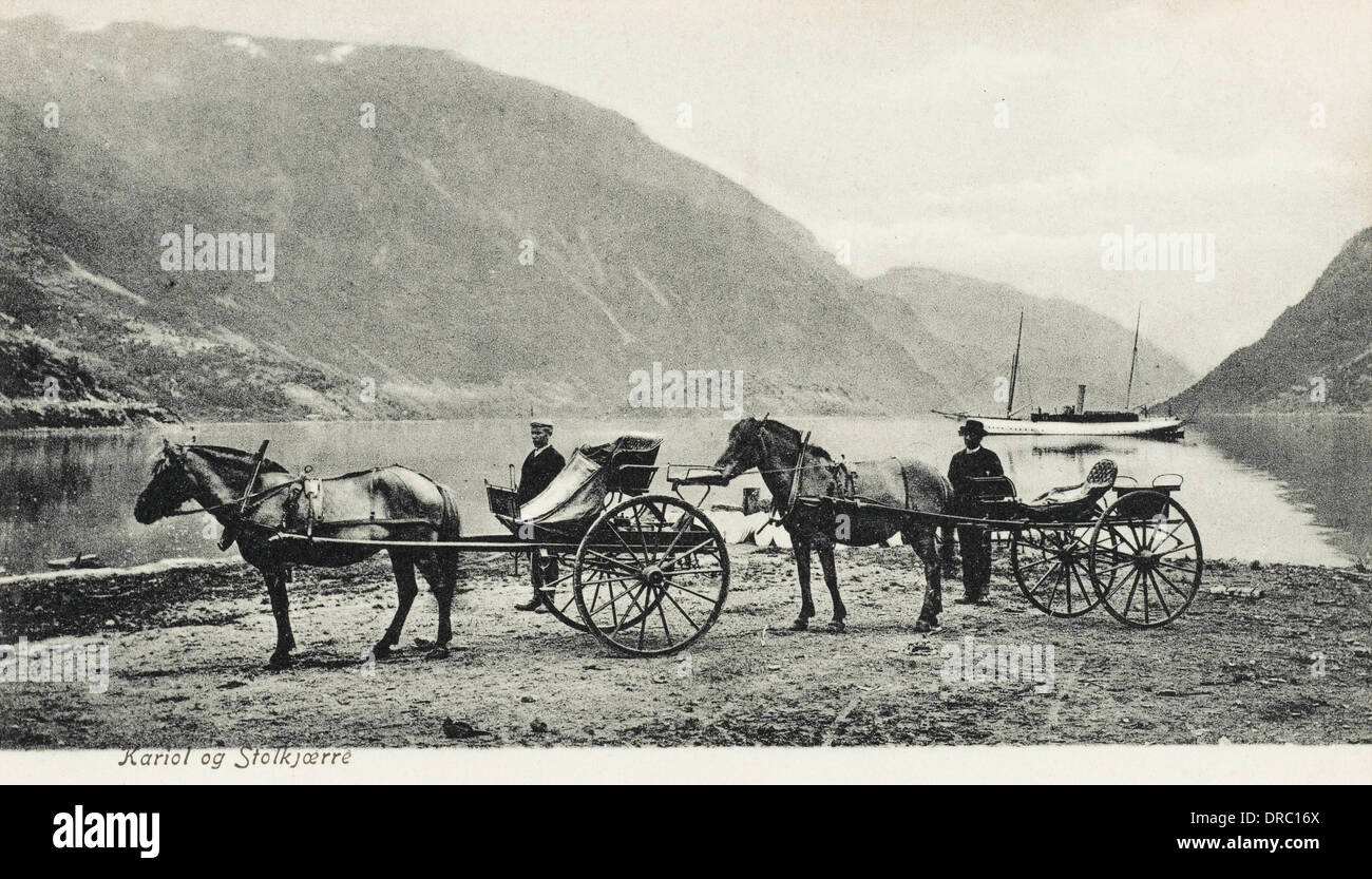 Norway - view of a Fjord with steamship and carriages Stock Photo