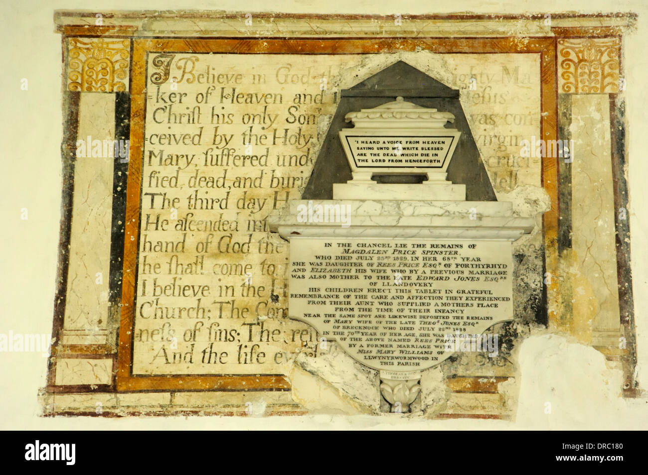 Myddfai church of St Michael, Wall Inscription with later monument