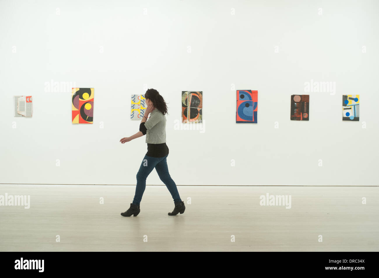 London,UK - 23 January 2014: gallery assistant Sara walks past paintings by Dominic Beattie during the New Order II: British Art Today preview at Saatchi Gallery. Credit:  Piero Cruciatti/Alamy Live News Stock Photo