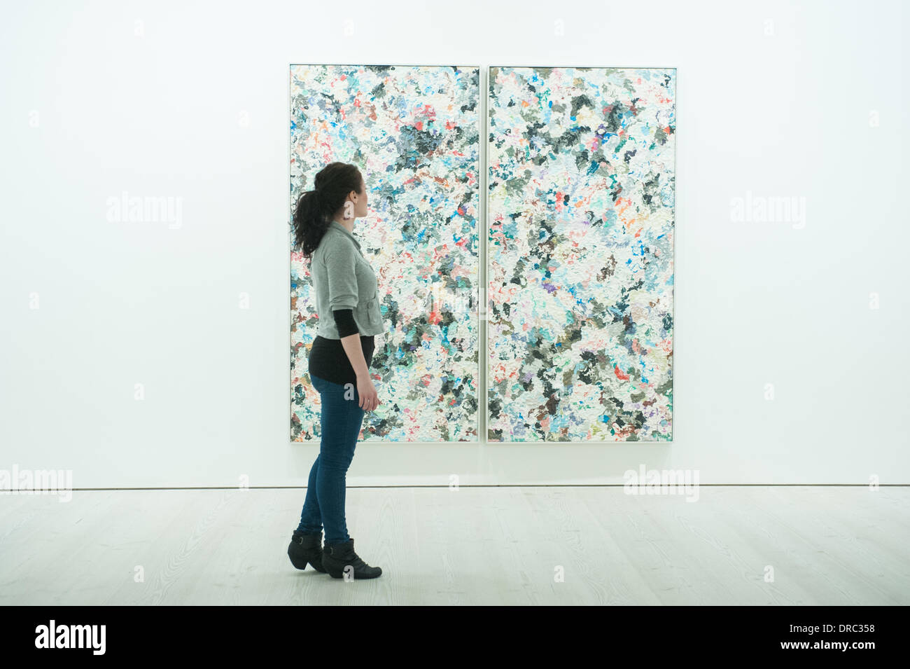 London,UK - 23 January 2014: gallery assistant Sara looks up at 'Untitled (diptych)' by Dan Rees during the New Order II: British Art Today preview at Saatchi Gallery. Credit:  Piero Cruciatti/Alamy Live News Stock Photo