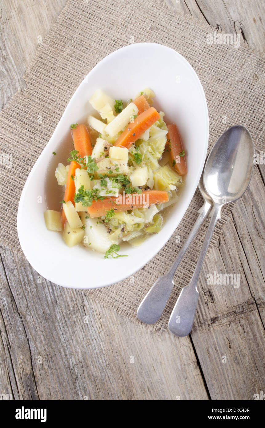 irish stew vegetarian style in a white bowl Stock Photo
