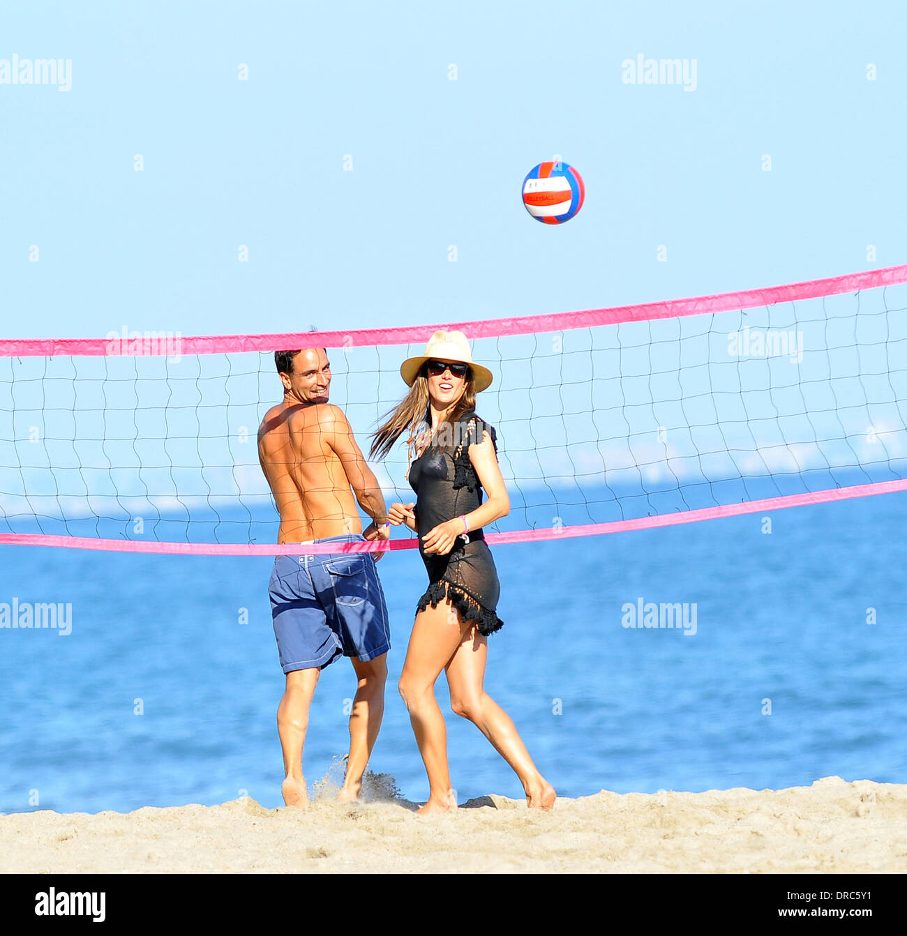 Alessandra Ambrosio wearing a straw hat while playing volleyball with friends on Malibu beach  Los Angeles, California - 15.07.12 Stock Photo