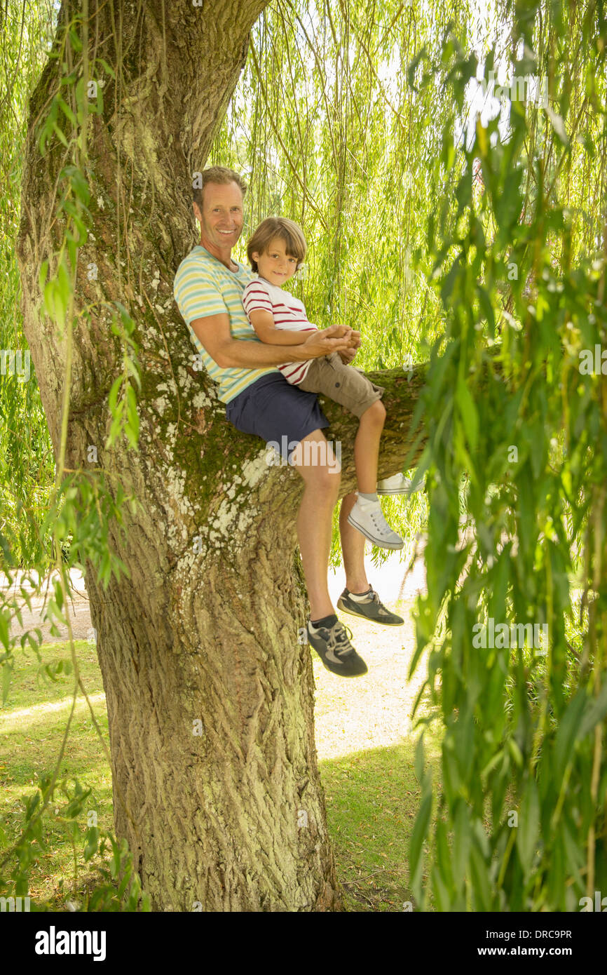 Father and son sitting in tree Stock Photo