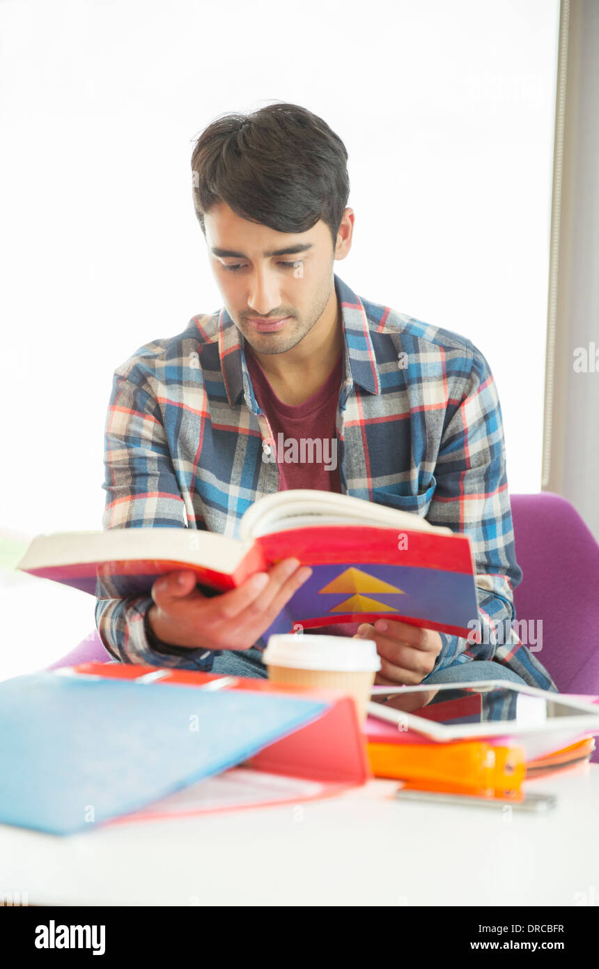 University student reading textbook in lounge Stock Photo