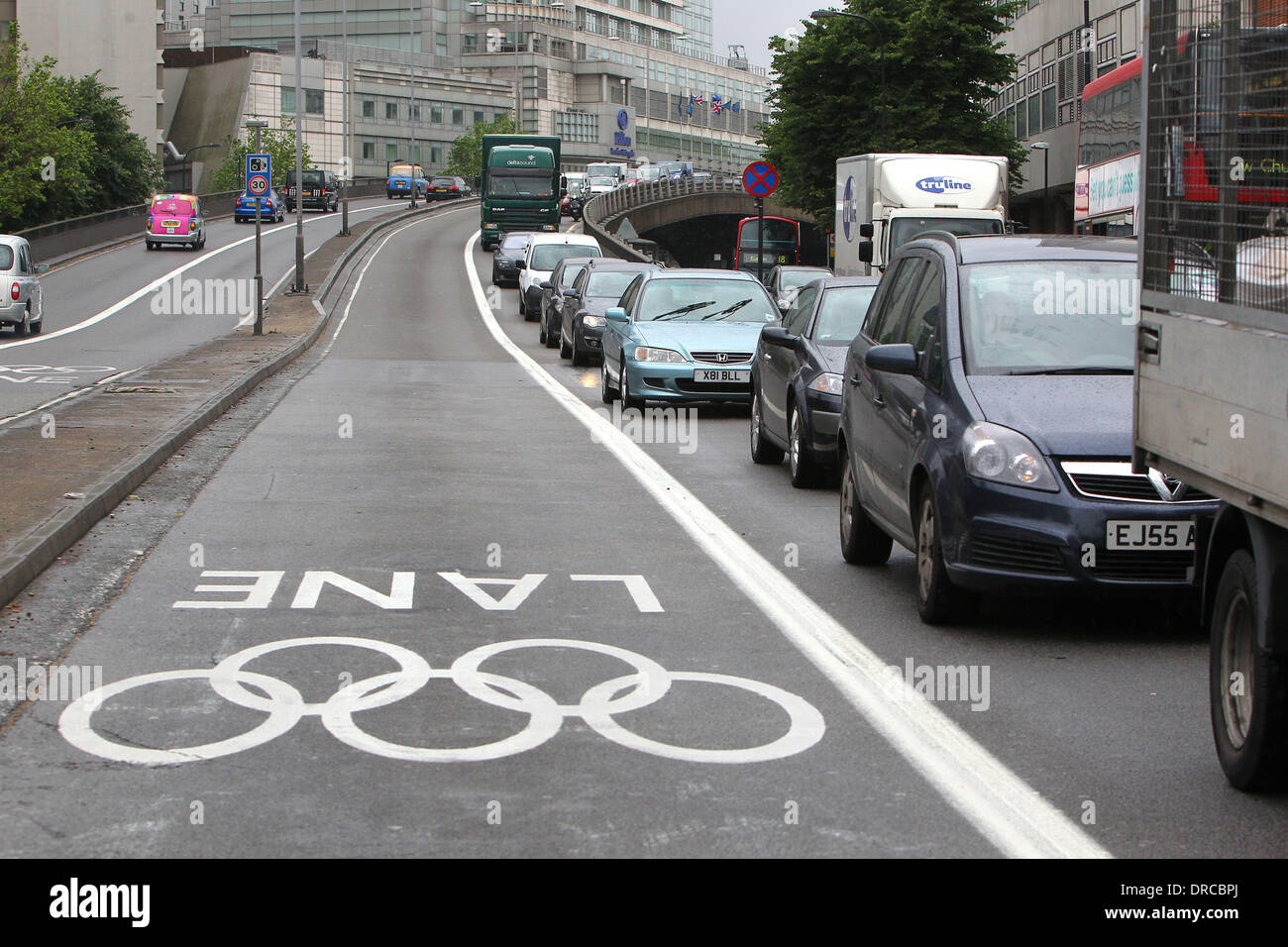 There was confusion on the M40 in west London today when motorists were confused as to when the Olympic lanes would be open. People were avoiding the lanes to avoid the 130 GBP fines, however the lane does not come into force until 25th July London, England - 16.07.12 Stock Photo