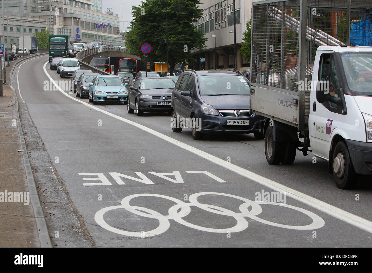 There was confusion on the M40 in west London today when motorists were confused as to when the Olympic lanes would be open. People were avoiding the lanes to avoid the 130 GBP fines, however the lane does not come into force until 25th July London, England - 16.07.12 Stock Photo