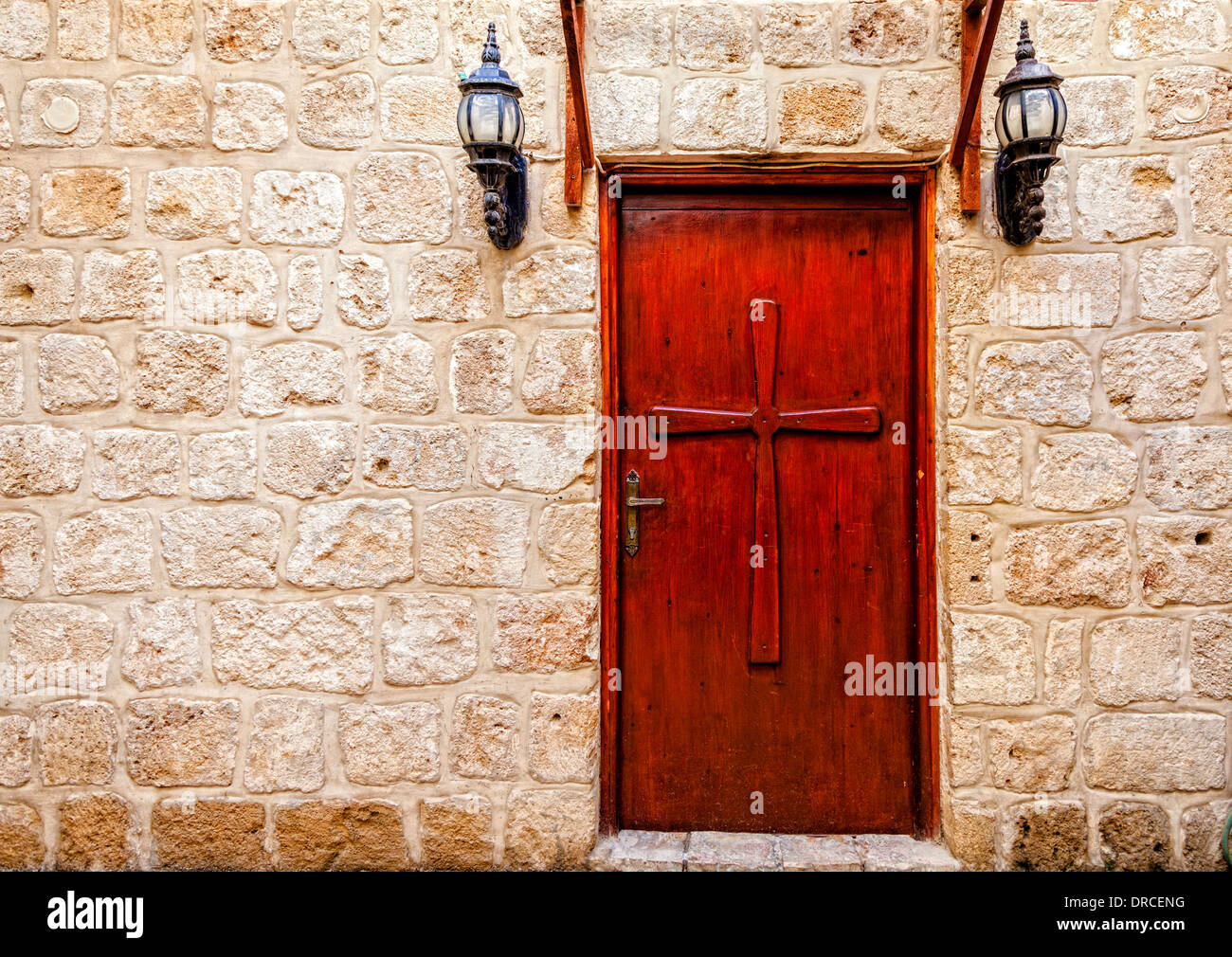 A door of a Christian church in Akko (Acre), Israel Stock Photo