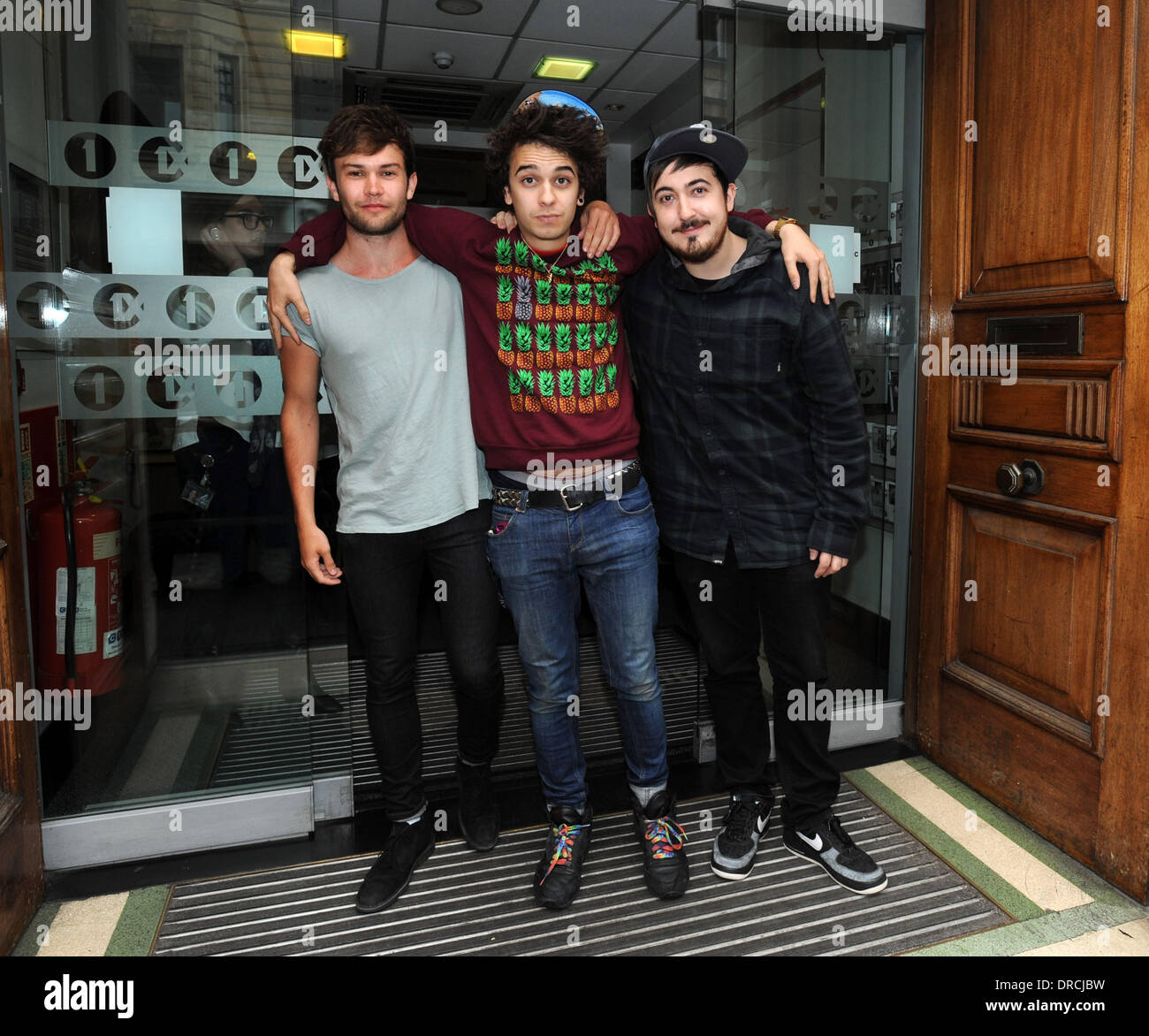 Ashley Horne, Stefan Abingdon and Dru Wakely of The Midnight Beast at the BBC Radio 1 studios London, England - 18.07.12 Stock Photo