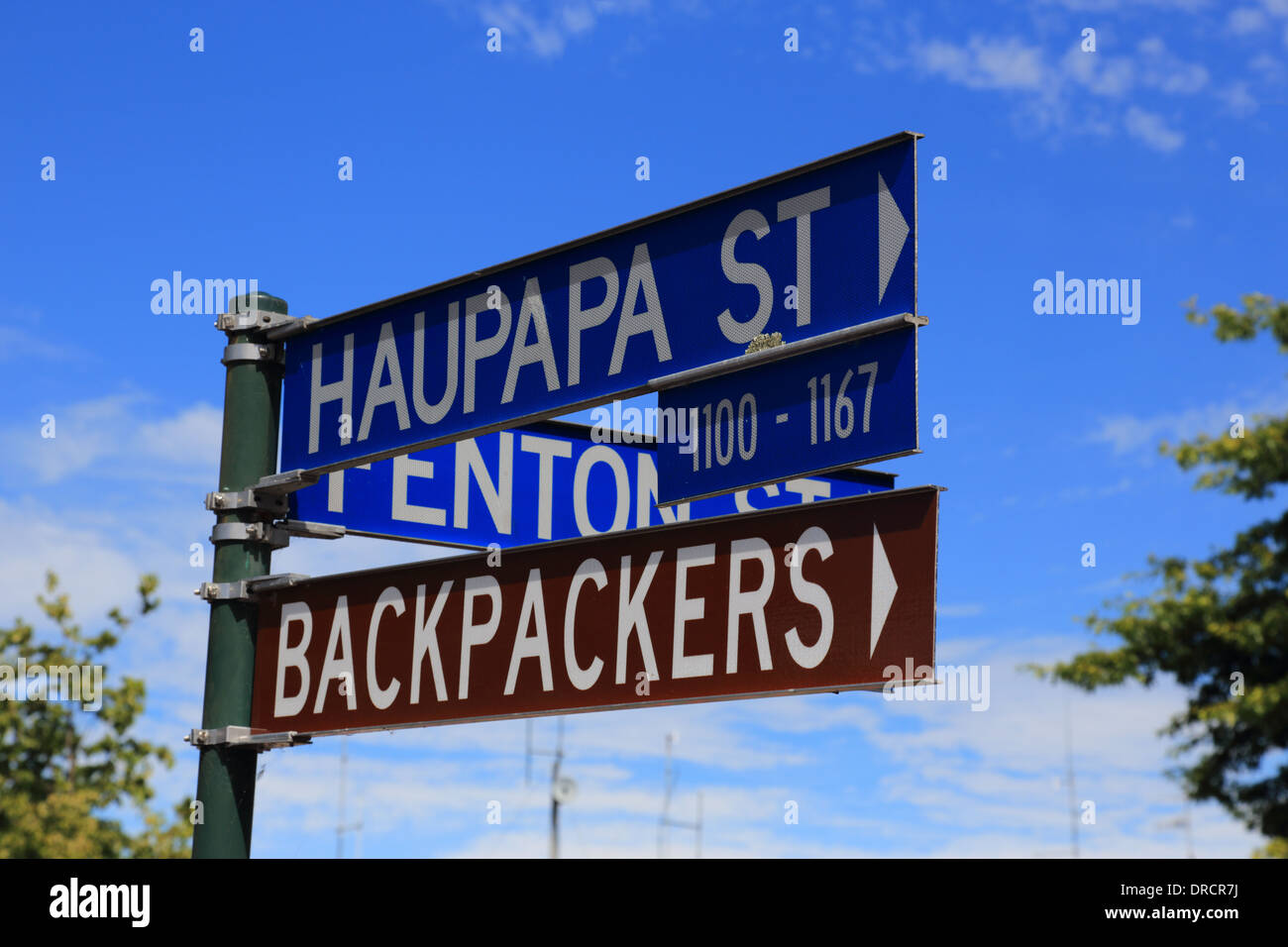 Road sign Rotarua, North Island, New Zealand Stock Photo