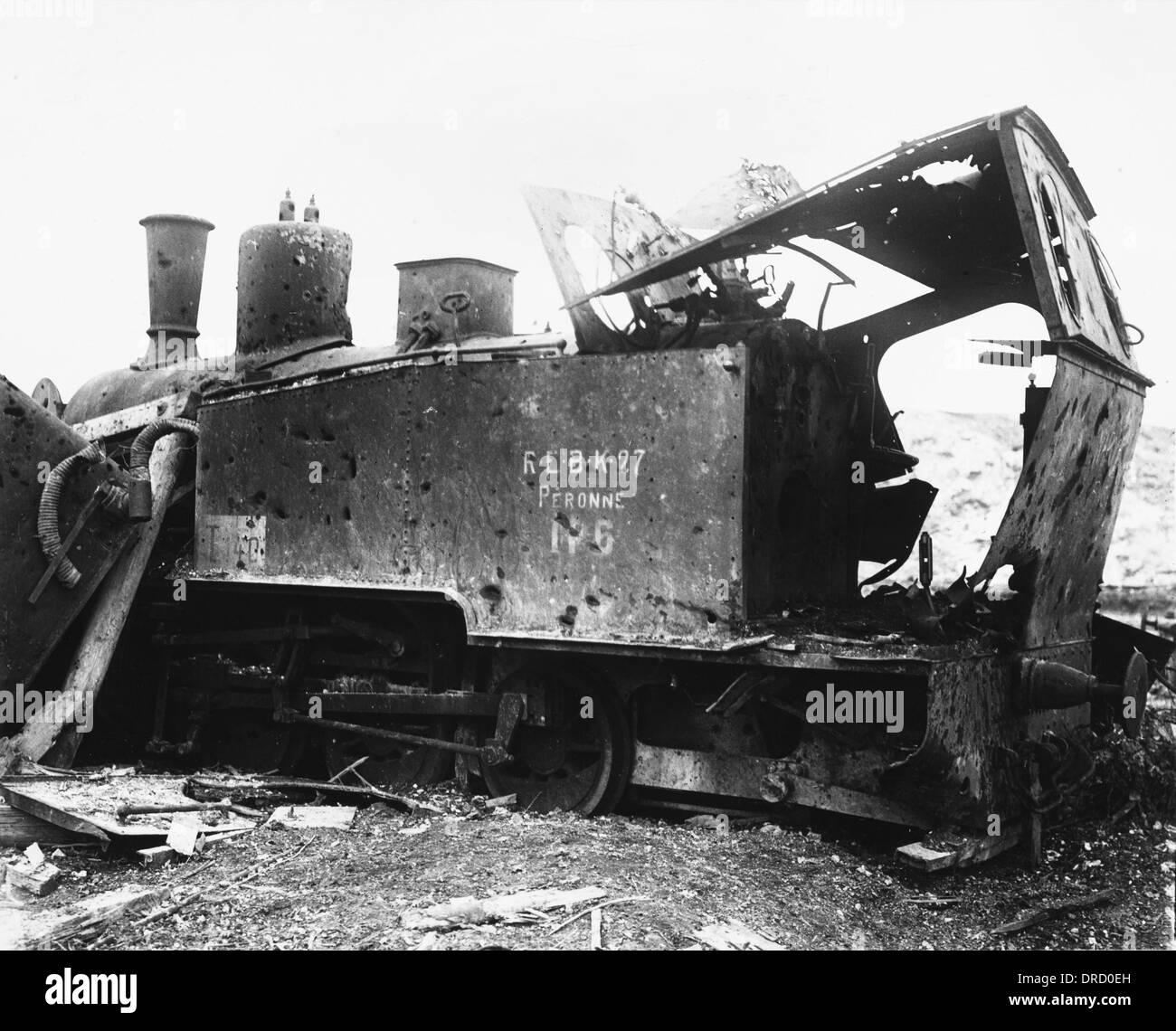 Destroyed train engine WWI Stock Photo