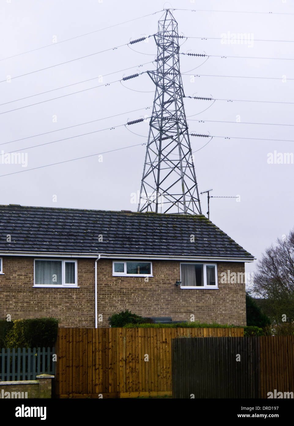 An electricity pylon in close proximity to people's homes. Stock Photo
