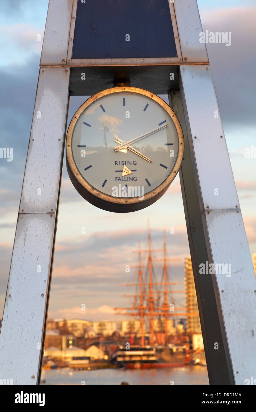 rising falling maritime tide clock at Gosport with tall ship in