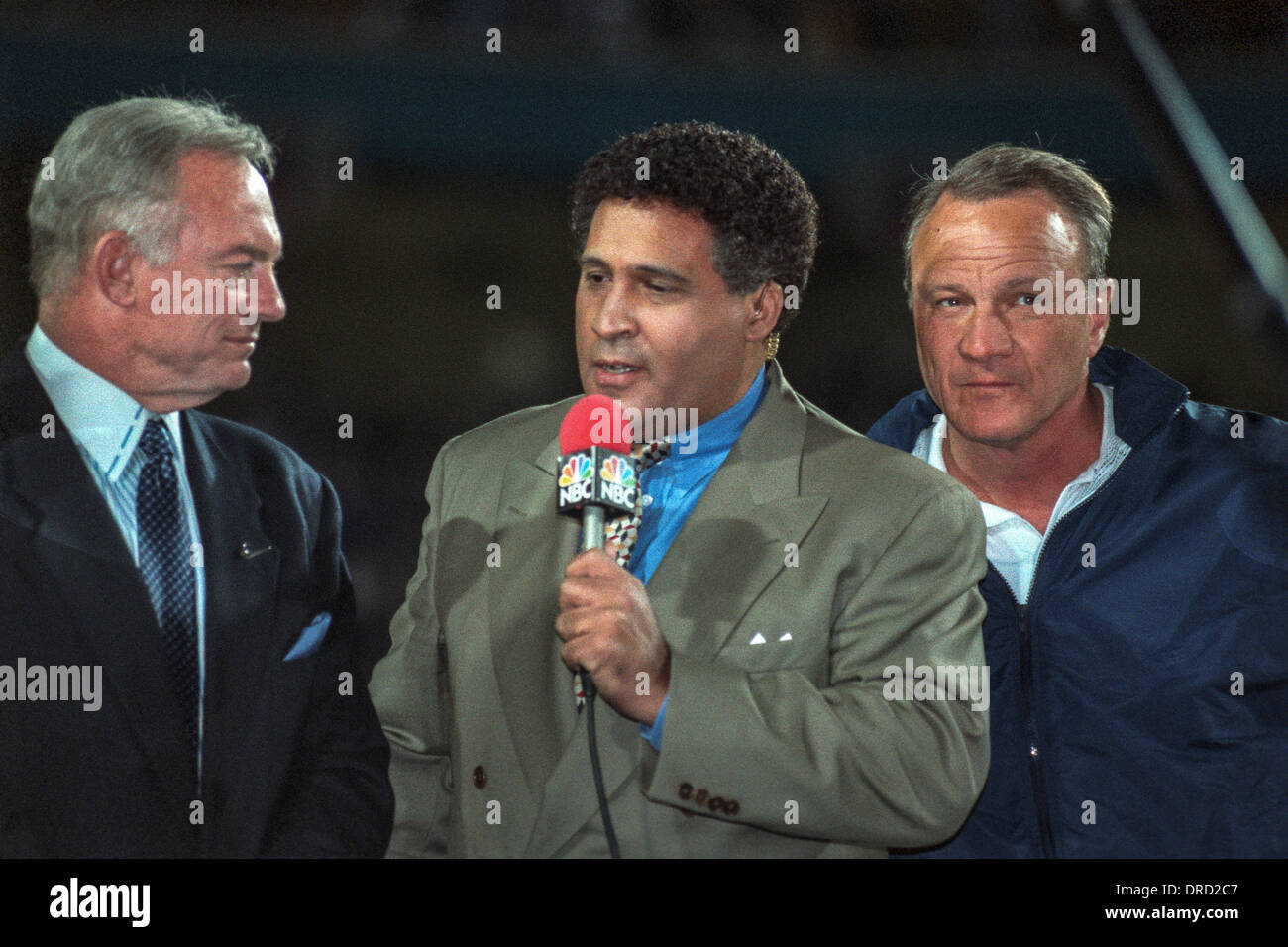 Greg Gumbel interviews Cowboy's owner Jerry Jones at the1996 Super Bowl XXX, Dallas Cowboys vs.Pittsburgh Steelers Stock Photo