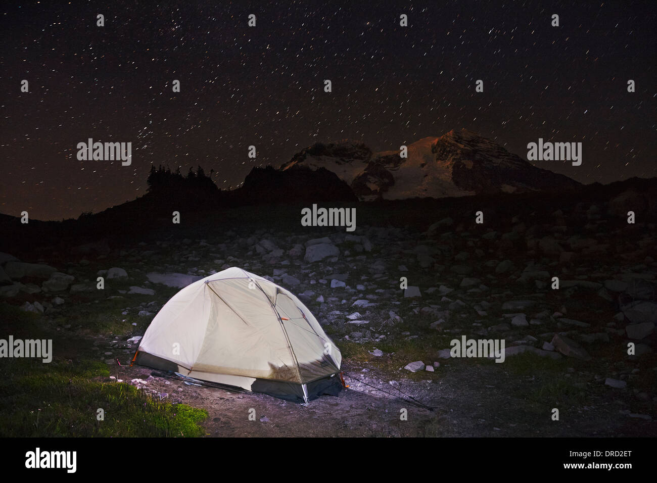 WASHINGTON - Night time at campsite in the Tokaloo Alpine Zone of Mount Rainier National Park. Stock Photo