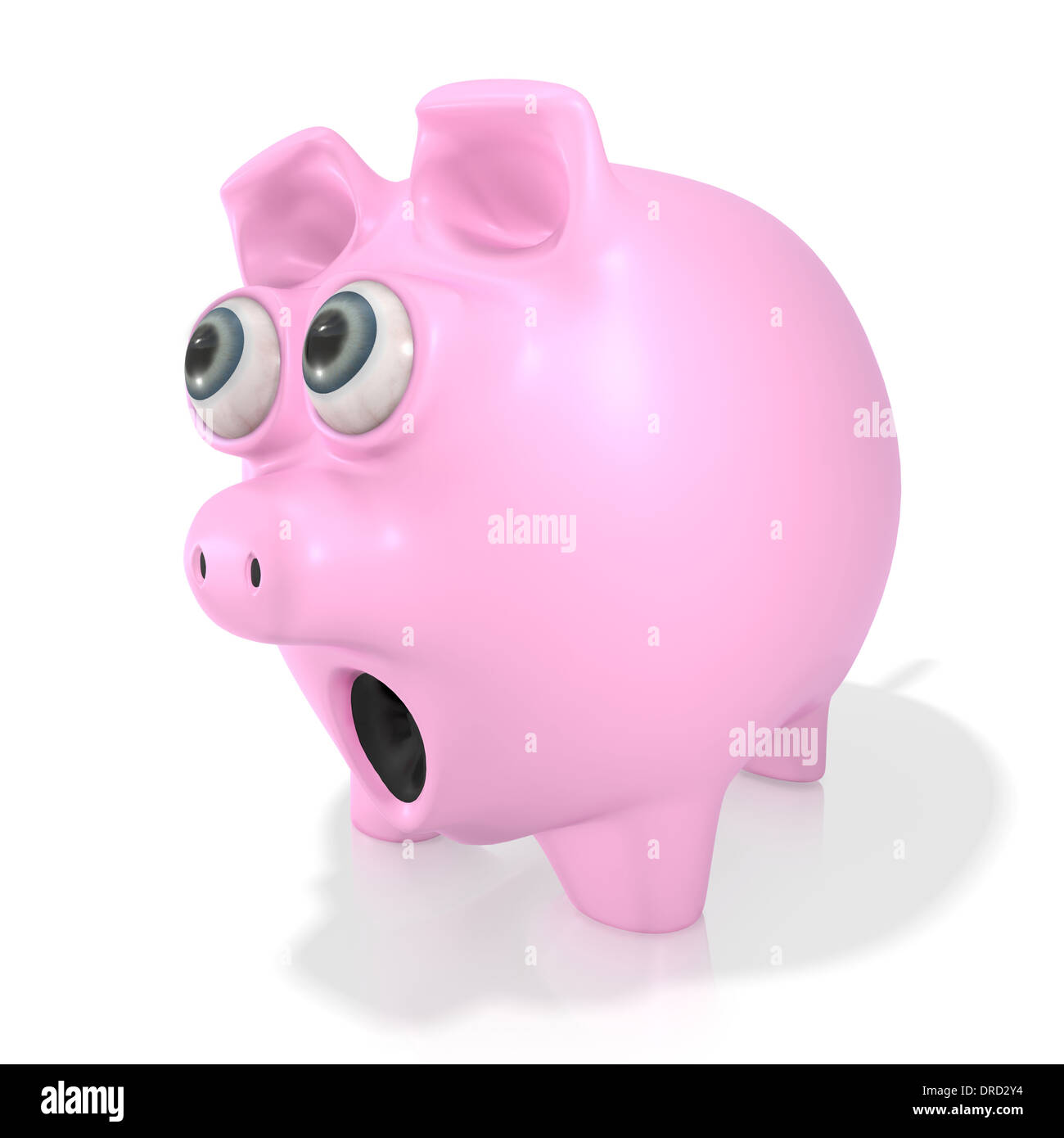 A pink piggy bank eyes popping out and shocke dlooking at something isolated on a white background Stock Photo