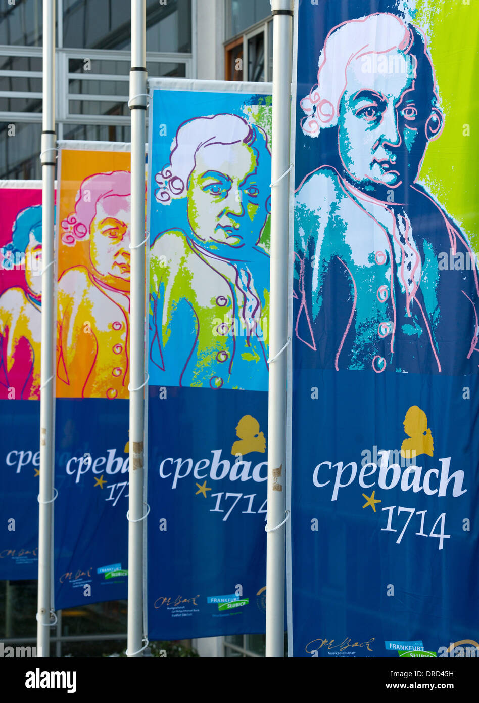 Banners with the portrait of composer Carl Philipp Emanuel Bach for Bach Year wave outside of Viadrina European University in Frankfurt Oder, Germany, 23 January 2014. The 300th birthday of Carl Philipp Emanuel Bach will be celebrated by the university and the city in 2014. He didn't just have a musical affect on the city. Since 1734 he also studied law at the old Frankfurt University. Photo: PATRICK PLEUL Stock Photo