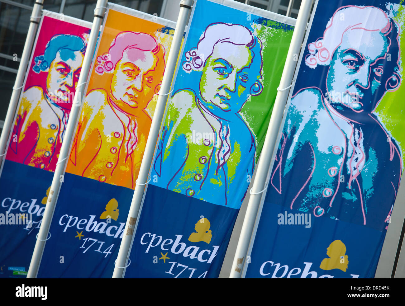 Banners with the portrait of composer Carl Philipp Emanuel Bach for Bach Year wave outside of Viadrina European University in Frankfurt Oder, Germany, 23 January 2014. The 300th birthday of Carl Philipp Emanuel Bach will be celebrated by the university and the city in 2014. He didn't just have a musical affect on the city. Since 1734 he also studied law at the old Frankfurt University. Photo: PATRICK PLEUL Stock Photo