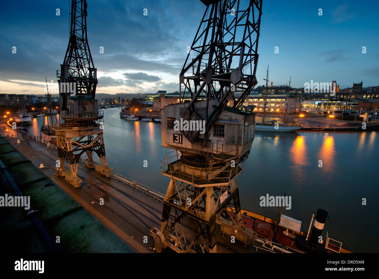 Bristol (UK) docks showing the Centre, cranes, The Mathew ship and John