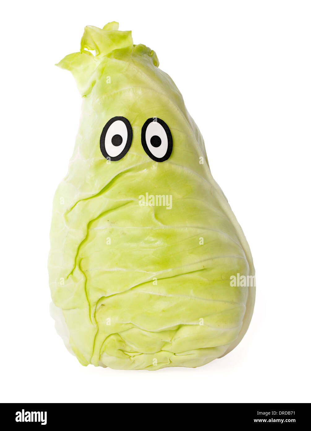 Pointed cabbage head with eyes and crest against white background Stock Photo