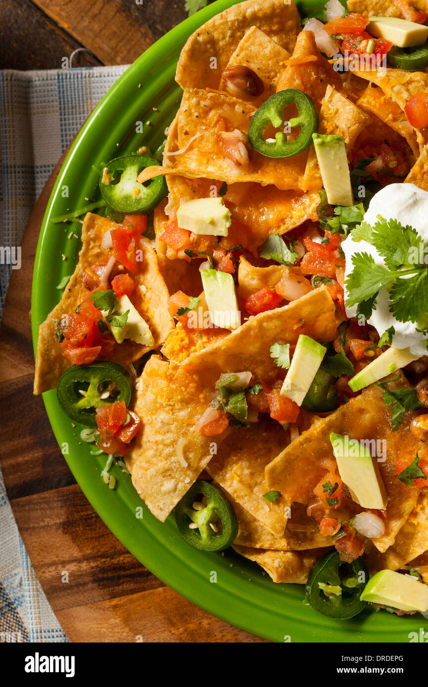 Homemade Unhealthy Nachos with Cheese, Sour Cream, and Vegetables Stock