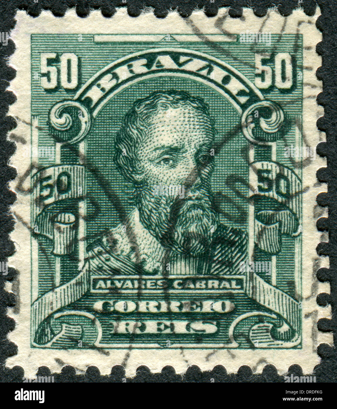 BRAZIL - CIRCA 1906: Postage stamp printed in Brazil, shows a discoverer of Brazil, Pedro Alvares Cabral, circa 1906 Stock Photo