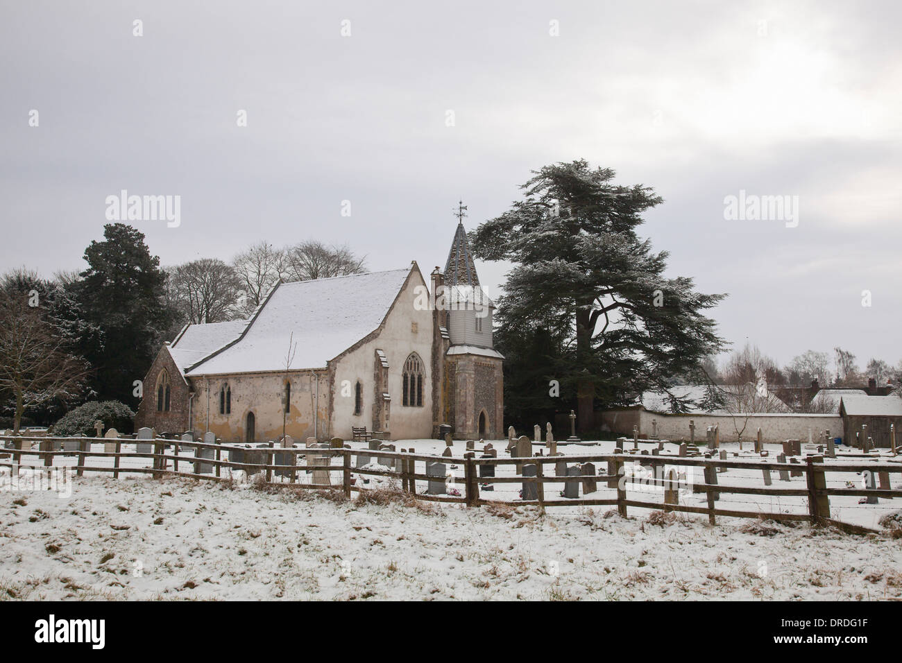 Picturesque winter view of the village Church of St Mary The Less, Chilbolton, Hampshire, in snow Stock Photo