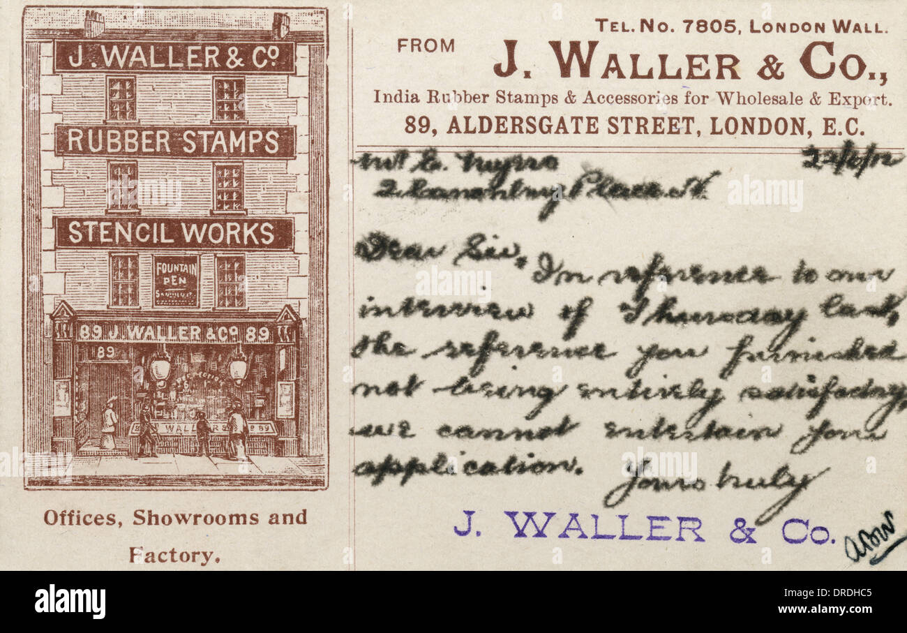 Card from J Waller & Co to an unsuccessful job applicant Stock Photo