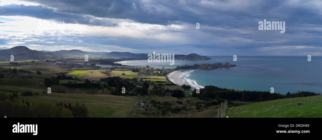Highangle panoramic view of Karitane, Otago, New Zealand, with Cornish