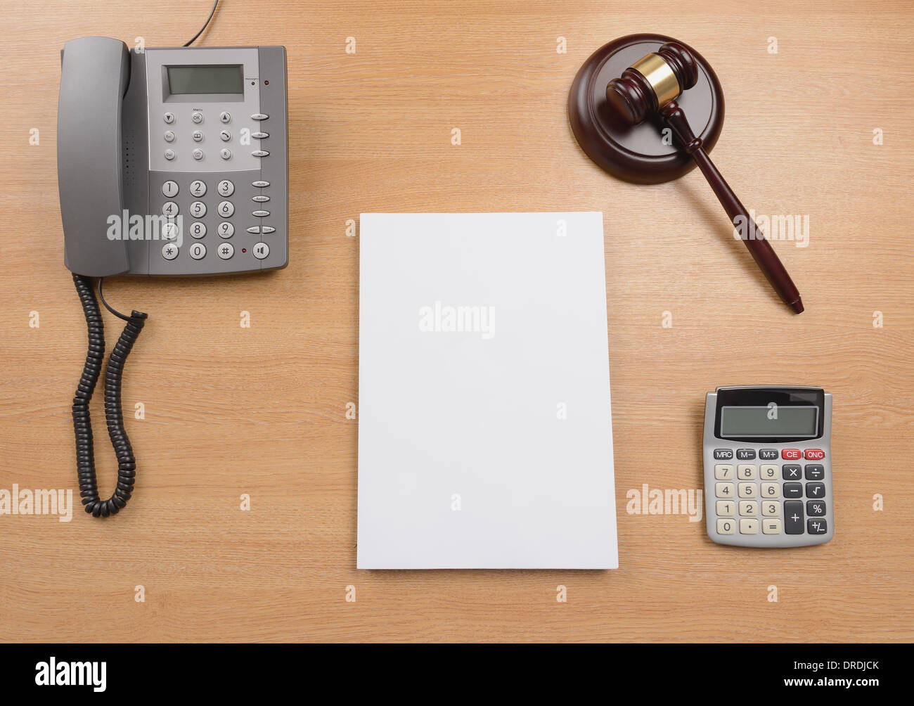 A desk of a judge or lawyer or solicitor with a blank document for copy space Stock Photo