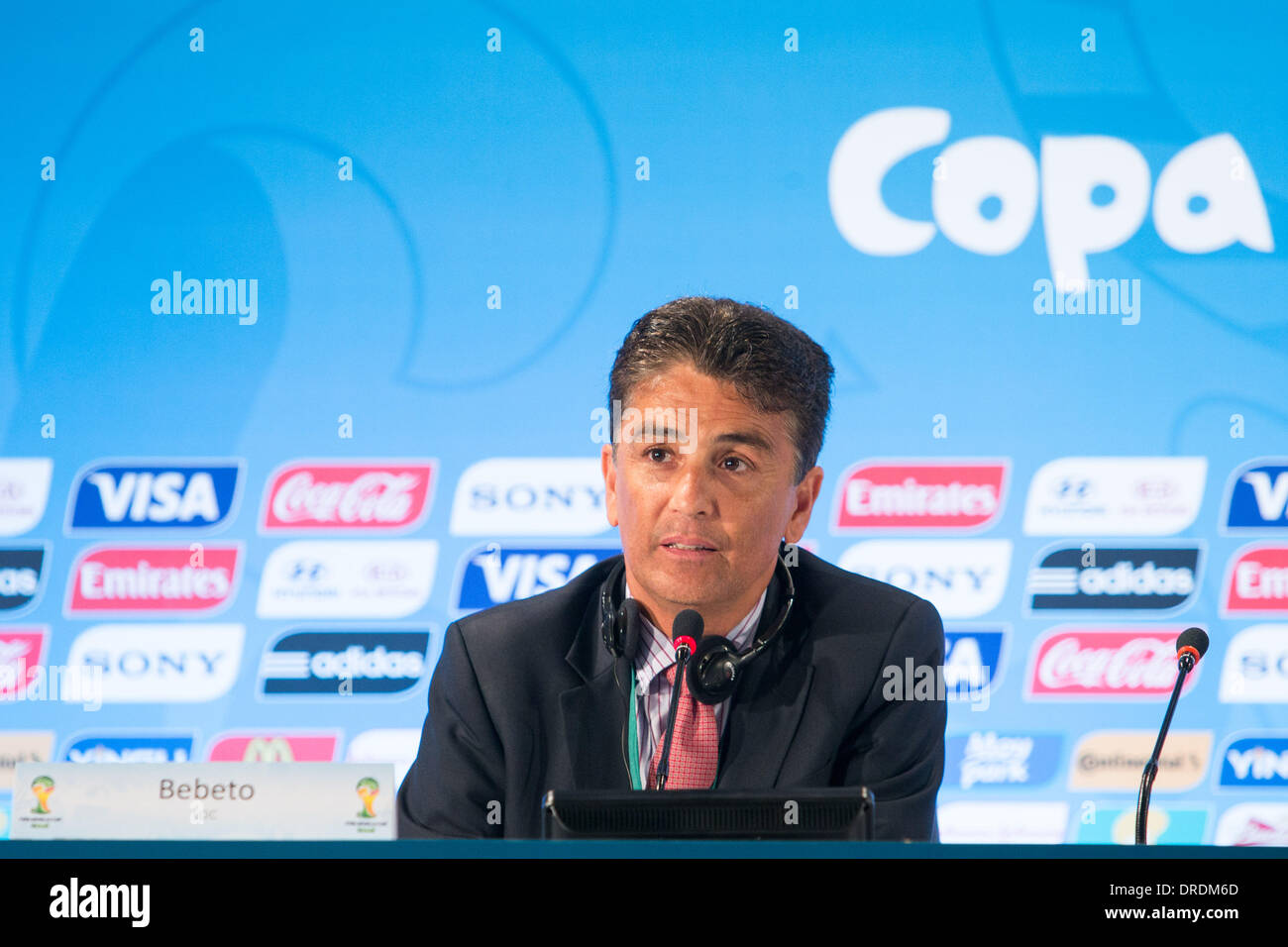 Rio De Janeiro, Brazil. 24th Jan, 2014. Bebeto, member of the LOC Board of Administration, attends a press conference after a regular meeting of FIFA Local Organizing Comittee (LOC) in Rio de Janeiro, Brazil, Jan. 23, 2014. FIFA LOC announced here on Thursday that U.S. pop singers Jennifer Lopez, Pitbull and Brazilian singer Claudia Leitte will jointly sing the official theme song 'We Are One' for the 2014 FIFA World Cup. Credit:  Xu Zijian/Xinhua/Alamy Live News Stock Photo