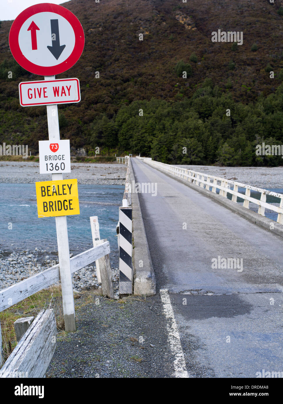 One of New Zealand's many one-lane bridges, this one spanning the Waimakariri River, near Arthurs Pass. Stock Photo