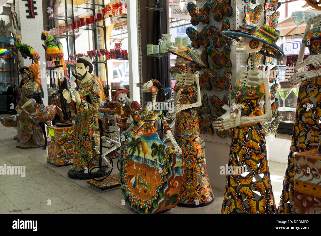 Ceramic pottery sits on a shelf in a department store in Nuevo Progreso, Tamaulipas, Mexico. Stock Photo