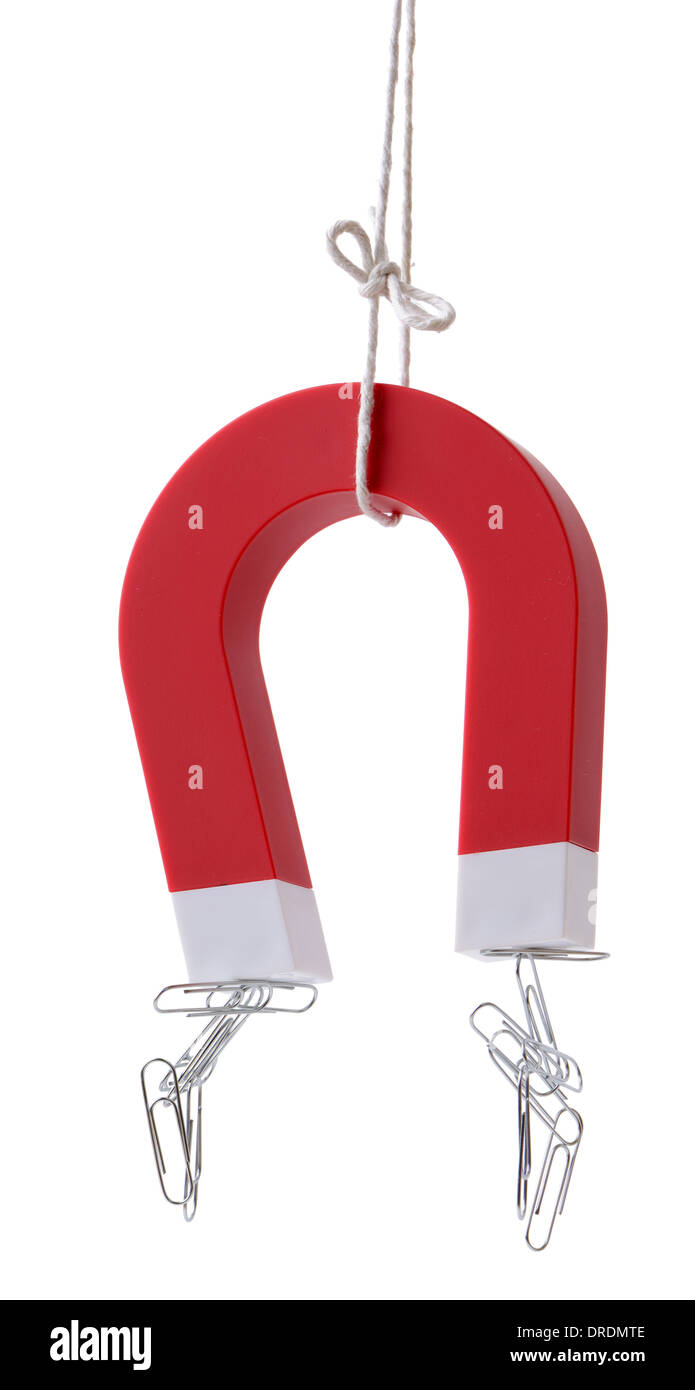 A horse shoe picking up paper clips isolated on a white