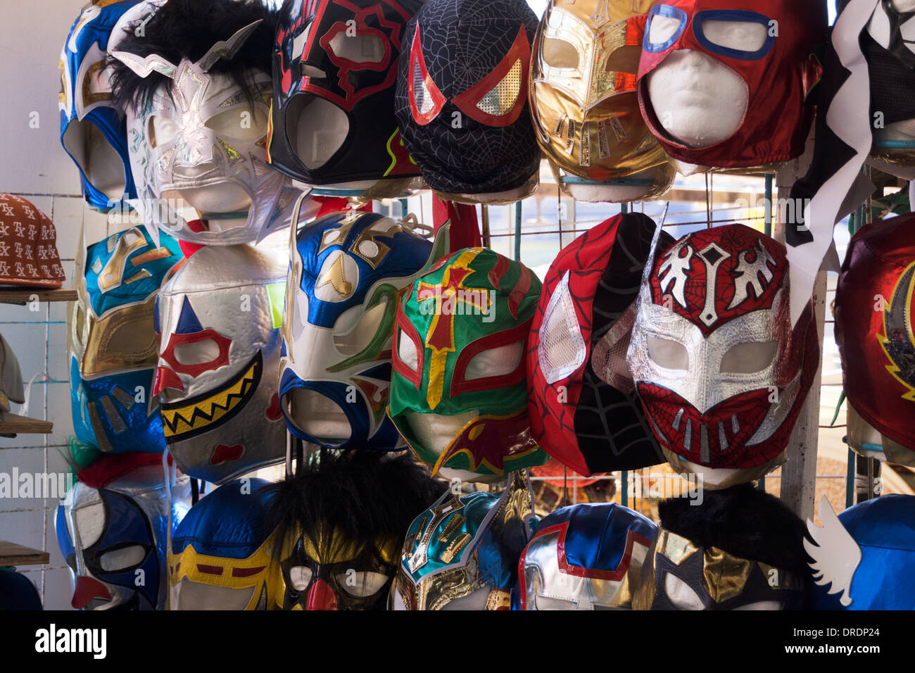 Mexican wrestling masks on display in a curio stand in Nuevo Progreso