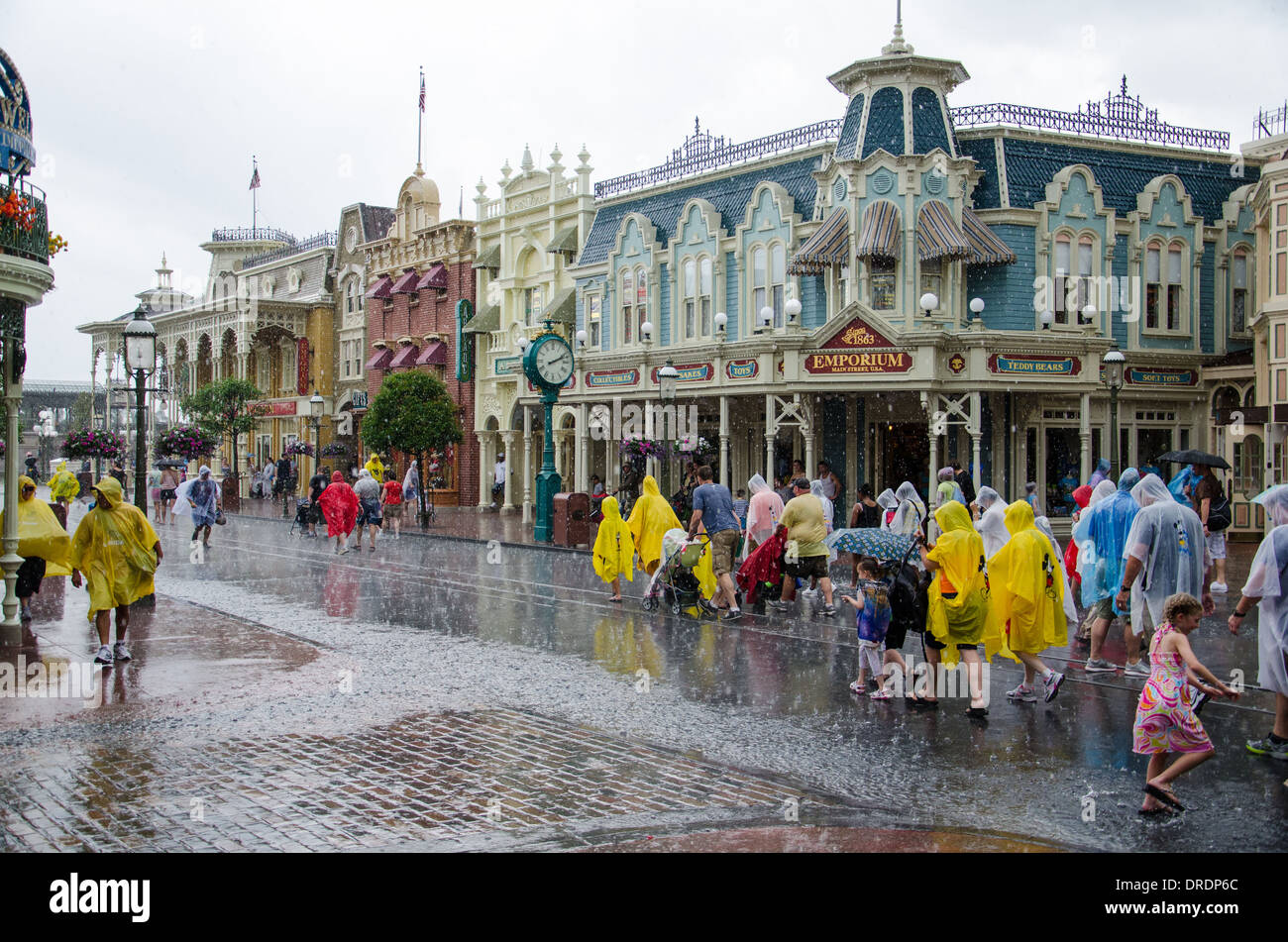 Heavy rain falling on Main St USA in Magic Kingdom at Walt Disney World