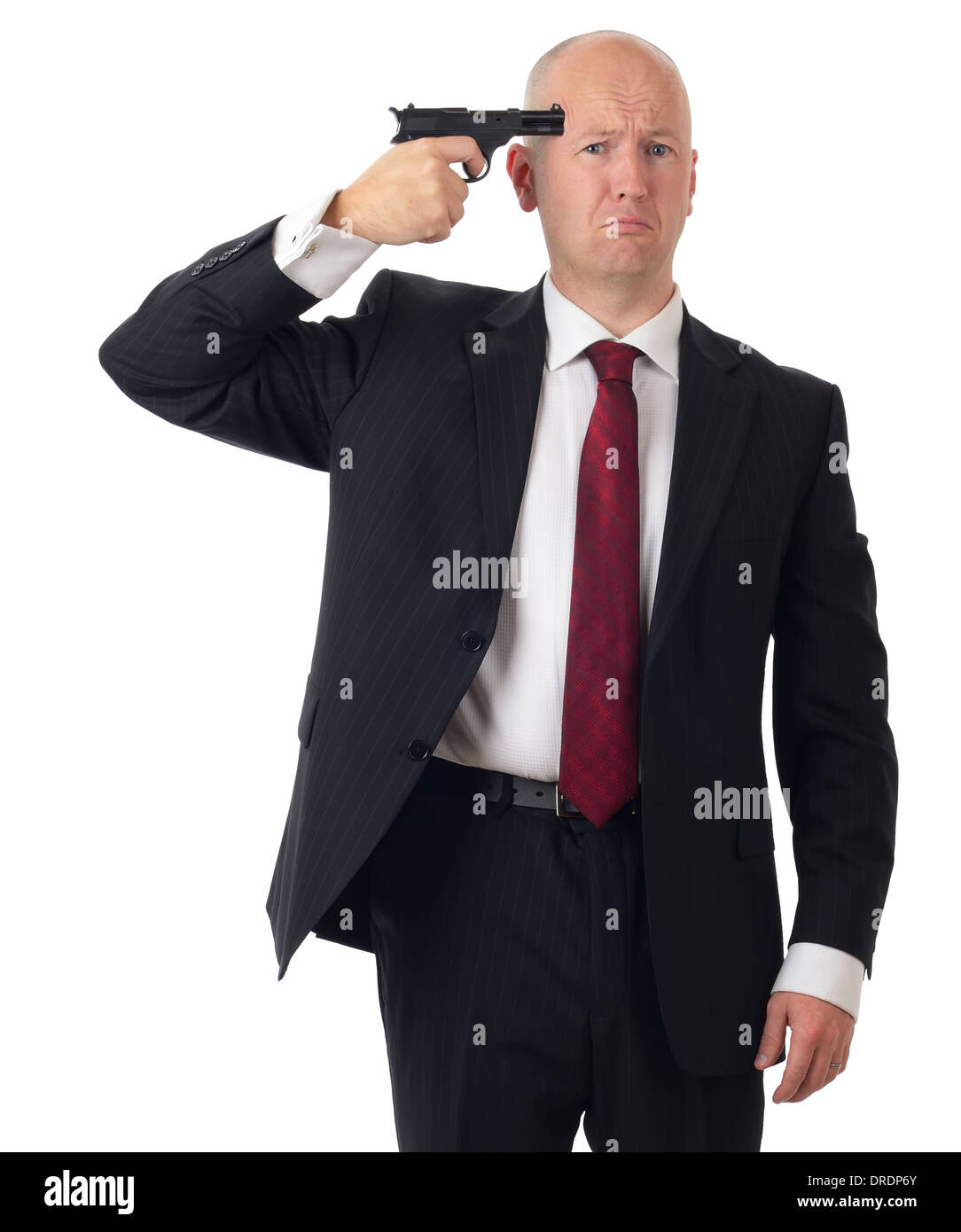 Businessman over stressed committing suicide isolated on white Stock Photo