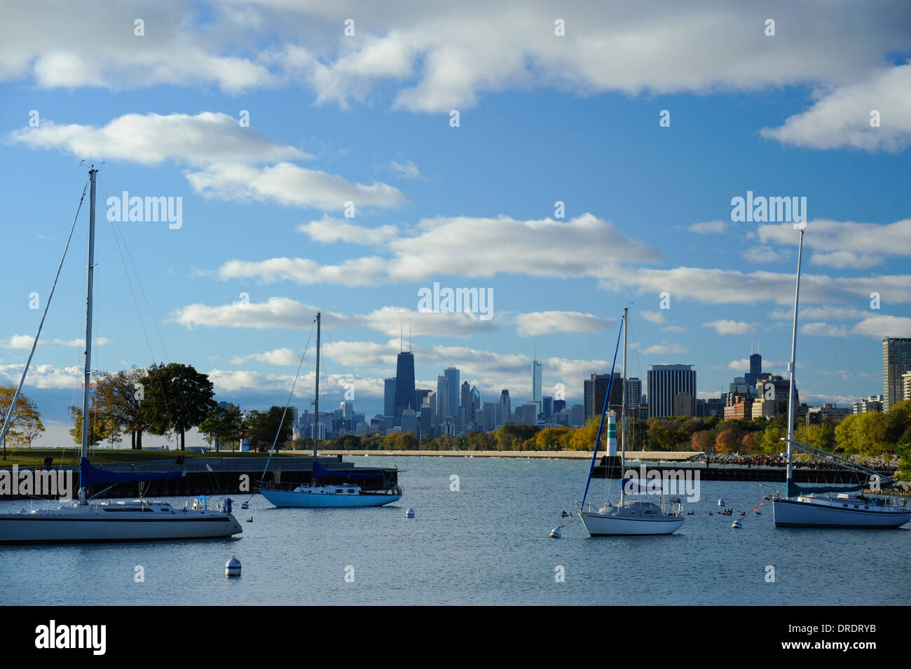 Chicago skyline and Montrose Harbor in Lake Michigan. Chicago, Illinois