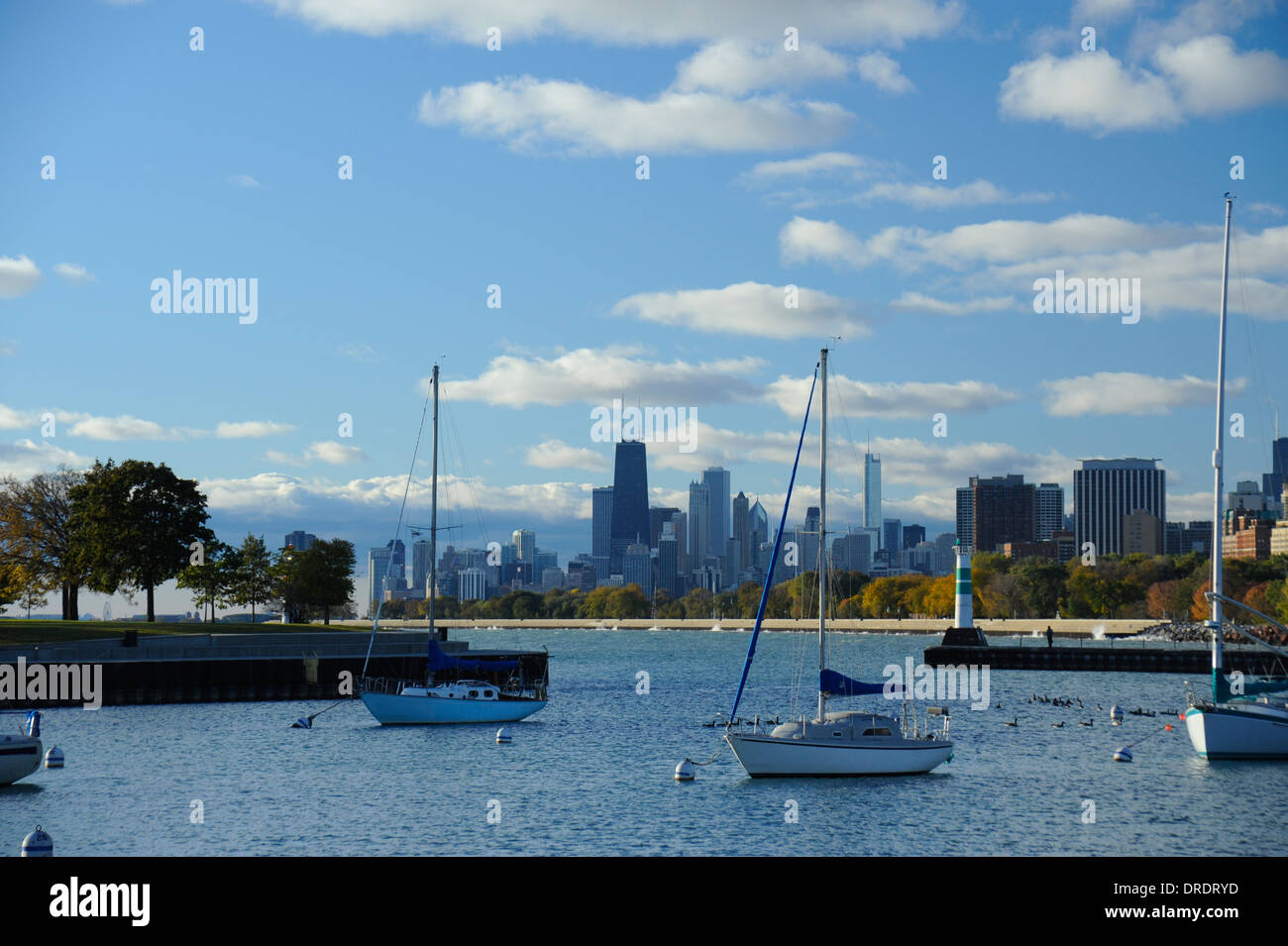 Chicago skyline and Montrose Harbor in Lake Michigan. Chicago, Illinois