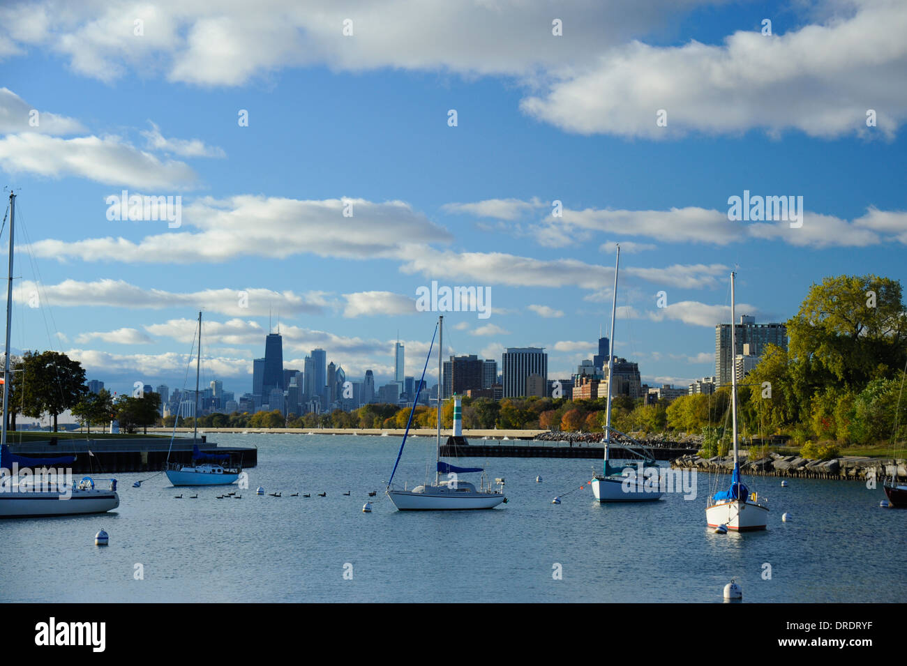 Chicago skyline and Montrose Harbor in Lake Michigan. Chicago, Illinois