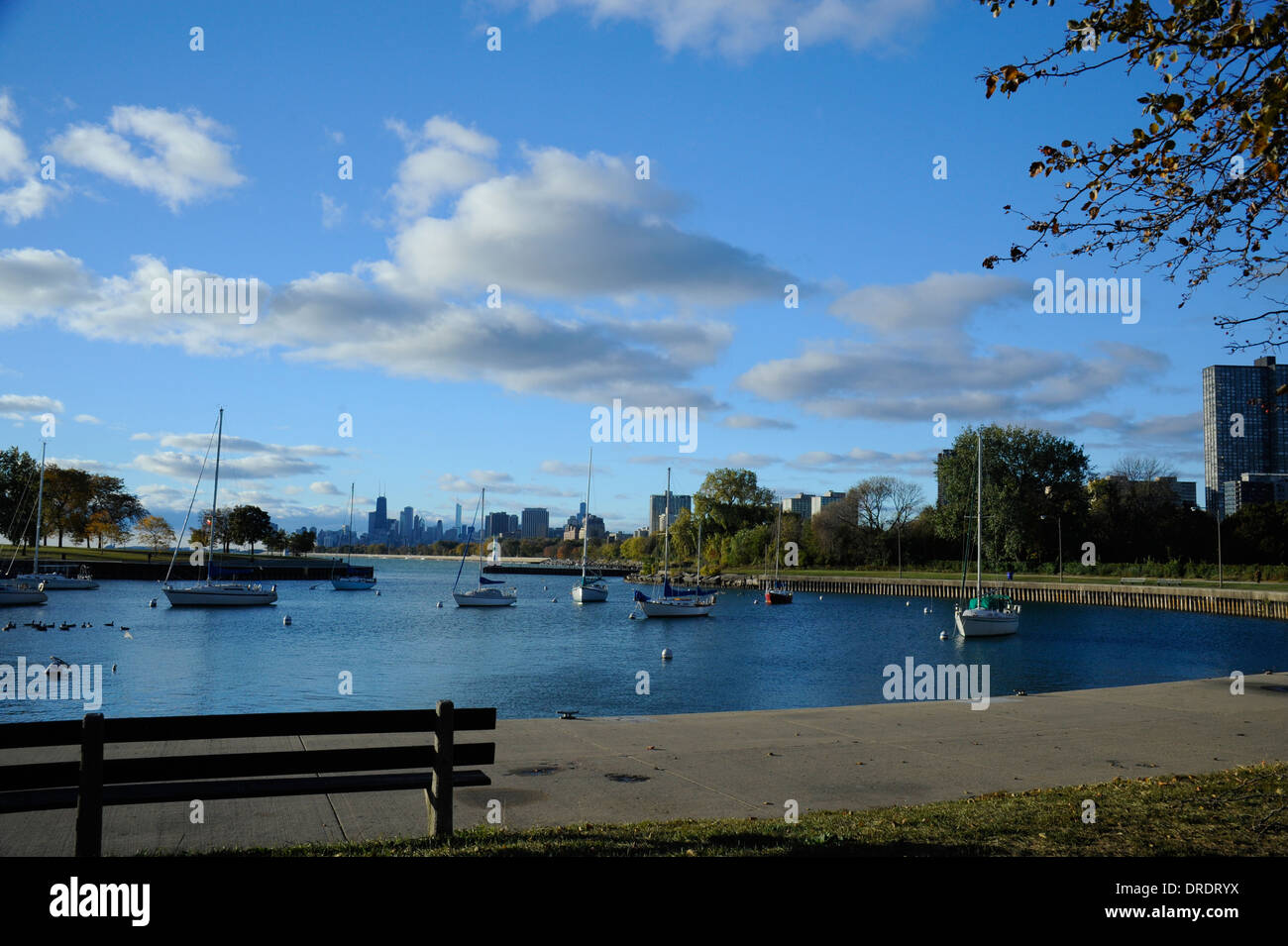 Chicago skyline and Montrose Harbor in Lake Michigan. Chicago, Illinois