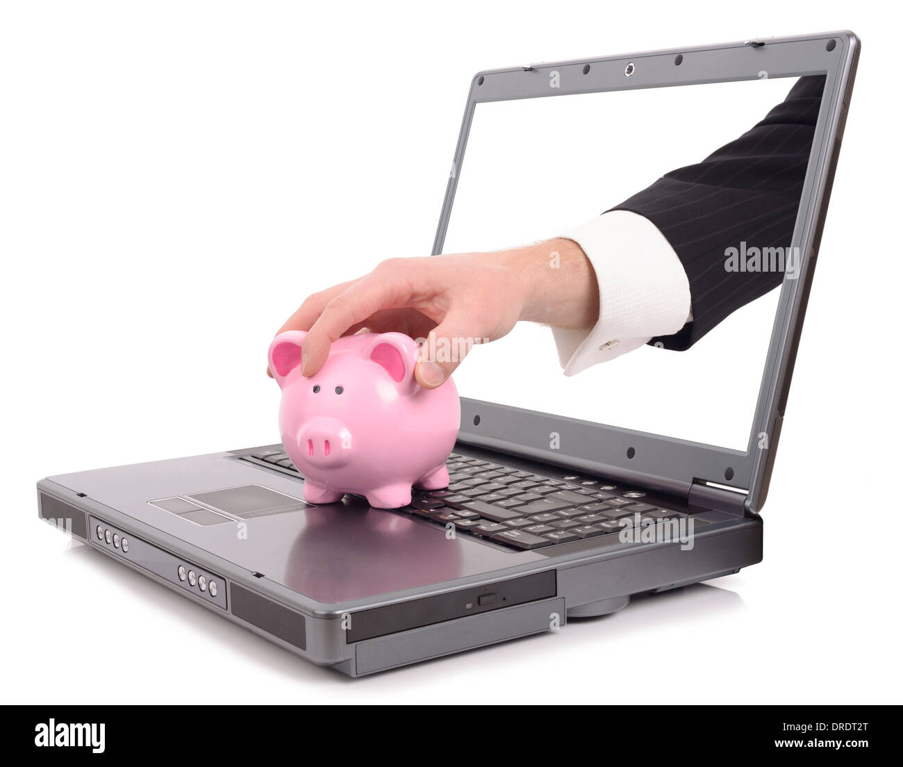 Theft over the internet concept with a hand poping out of the screen to steal a piggy bank, isolated on a white background Stock Photo