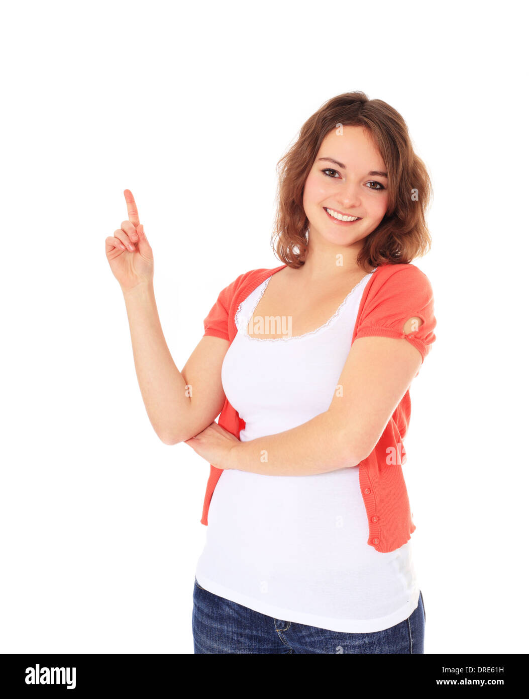Attractive teenage girl making gesture. All on white background. Stock Photo