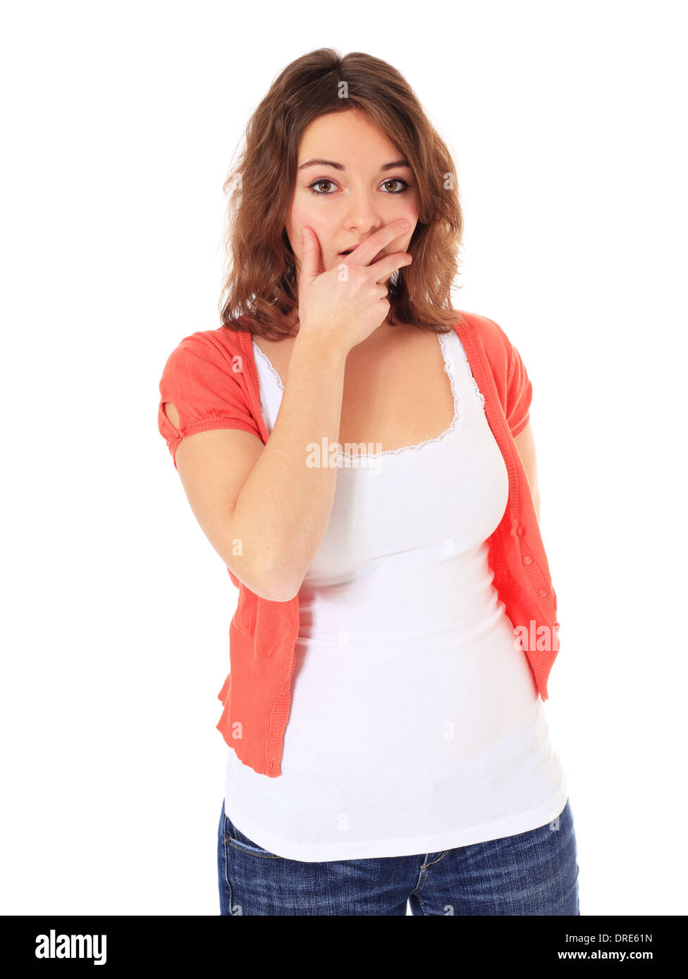 Attractive teenage girl making gesture. All on white background. Stock Photo
