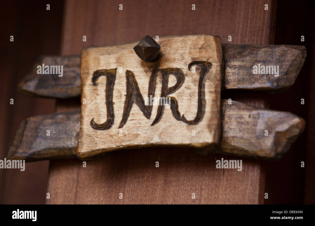 Inscription showing INRI on wayside cross Stock Photo