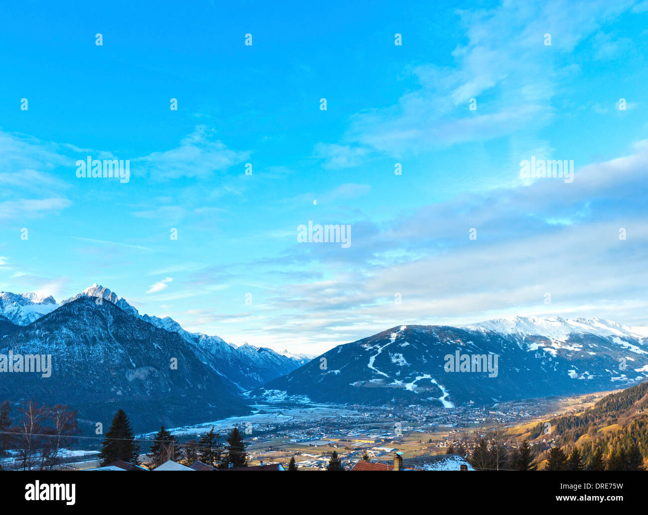 Winter morning mountain village landscape in Austria. Stock Photo